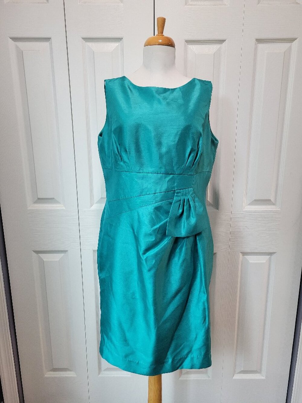 TAHARI Arthur S. Levine Teal Shantung Sheath Dress w/ Bow Waist sz 14 EUC Office